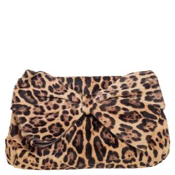 Pre Owned Valentino Leopard Print Pony Hair Bow Clutch