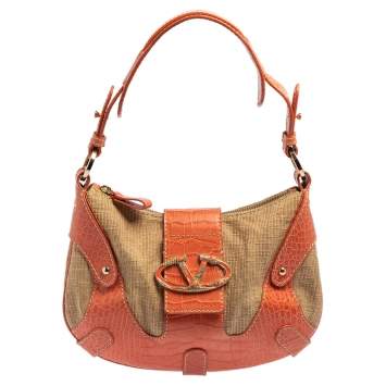 Pre Owned Valentino Beige/Orange Croc Embossed Leather and Straw Catch Hobo