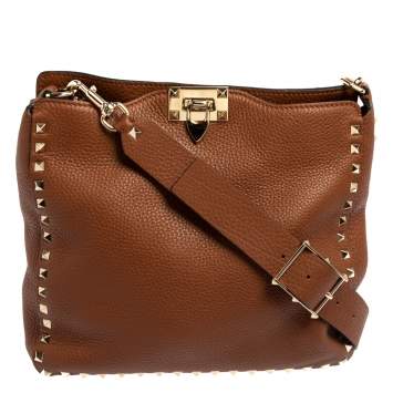Pre Owned Valentino Brown Pebbled Leather Rockstud Flip Lock Messenger Bag
