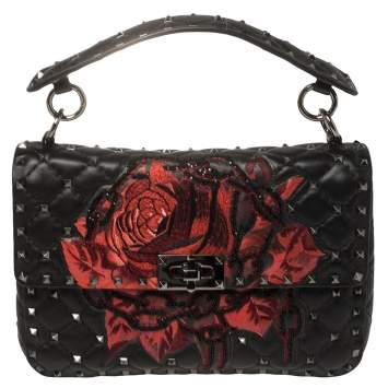 Pre Owned Valentino Black Embroidered Beaded Leather Medium Rockstud Spike Top Handle Bag