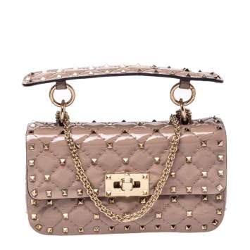 Pre Owned Valentino Nude Beige Patent Leather Rockstud Spike Top Handle Bag