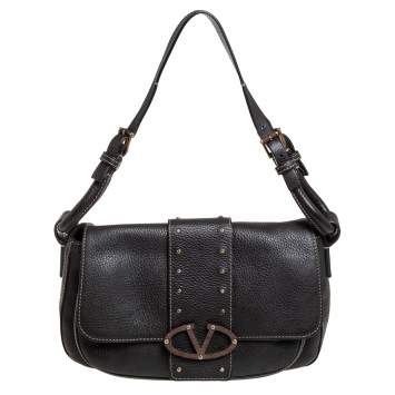 Pre Owned Valentino Dark Brown Pebbled Leather VRing Flap Hobo