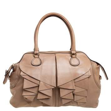 Pre Owned Valentino Beige Leather Ruffle Bowling Bag