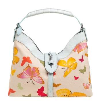 Pre Owned Valentino Multicolor Butterfly Print Canvas and Croc Embossed Leather Hobo