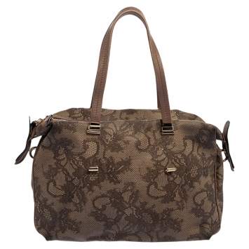 Pre Owned Valentino Beige Lace Print Coated Canvas Satchel Bag