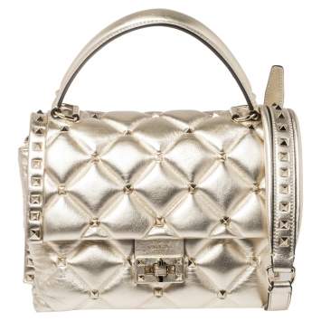 Pre Owned Valentino Gold Quilted Leather Medium Candystud Top Handle Bag