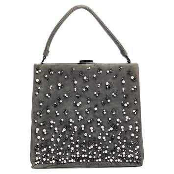 مملوكة مسبقًا Valentino Grey Suede Crystal Embellished Frame Top Handle Bag