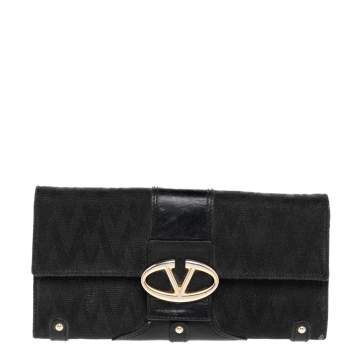 Pre Owned Valentino Black Canvas And Leather Continental Wallet