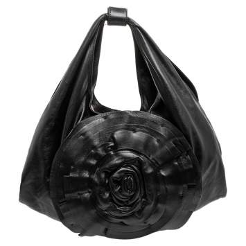 Pre Owned Valentino Black Leather Petale Rose Hobo Bag
