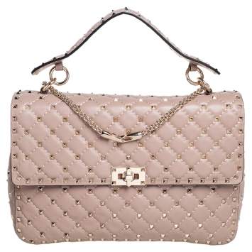 Pre Owned Valentino Beige Leather Large Rockstud Spike Top Handle Bag
