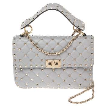 Pre Owned Valentino Grey Leather Medium Rockstud Spike Top Handle Bag