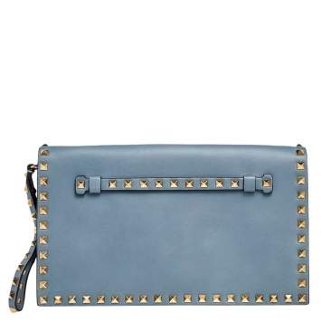 Pre Owned Valentino Pale Blue Leather Rockstud Wristlet Clutch 