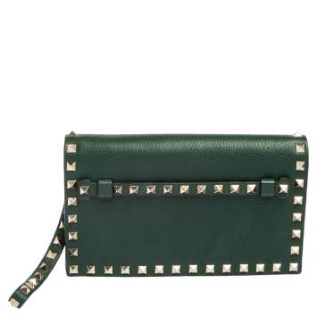 Pre Owned Valentino Green Leather Rockstud Wristlet Clutch