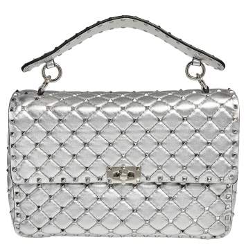 Pre Owned Valentino Silver Leather Large Rockstud Spike Top Handle Bag