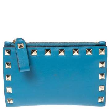 Pre Owned Valentino Blue Leather Rockstud Bifold Card Wallet