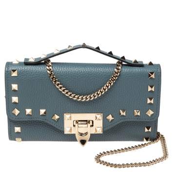Pre Owned Valentino Blue Leather Rockstud Flip Lock Wallet on Chain