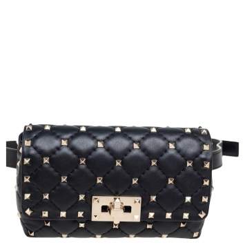 Pre Owned Valentino Black Leather Rockstud Flap Belt Bag