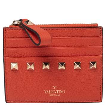 Pre Owned Valentino Orange Leather Rockstud Zip Card Case