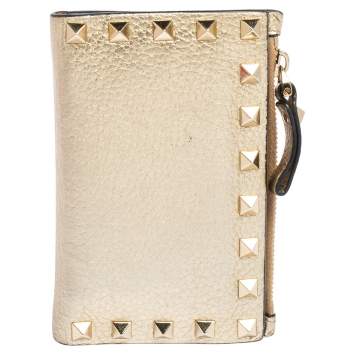 Pre Owned Valentino Metallic Gold Leather Rockstud Zip Wallet