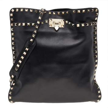 Pre Owned Valentino Black Leather Rockstud Flip-Lock Messenger Bag