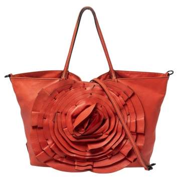 Pre Owned Valentino Orange Leather Petale Rose Shopper Tote