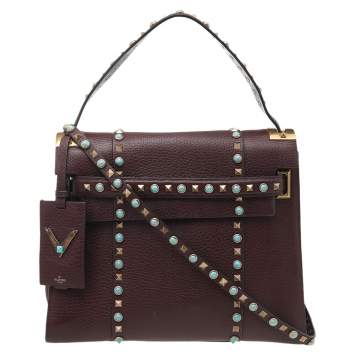 Pre Owned Valentino Burgundy Leather Medium My Rockstud Rolling Top Handle Bag