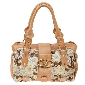 Pre Owned Valentino Beige Leather And Raffia Catch Bag