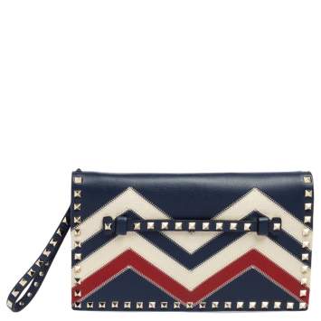 Pre Owned Valentino Tri Color Chevron Leather Rockstud Wristlet Clutch
