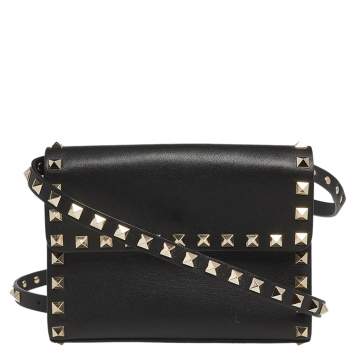 Pre Owned Valentino Black Leather Rockstud Flap Belt Bag