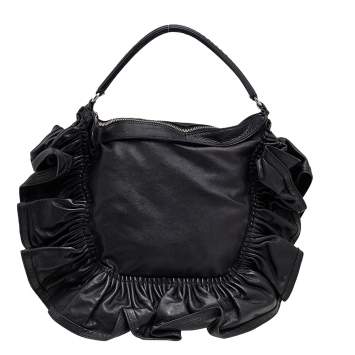 Pre Owned Valentino Black Ruffle Leather Hobo