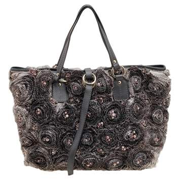 Pre Owned Valentino Grey Leather And Silk Organza Pearl Embellished Rosier Tote