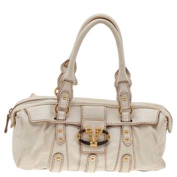 Pre Owned Valentino Cream Leather VLogo Flap Satchel