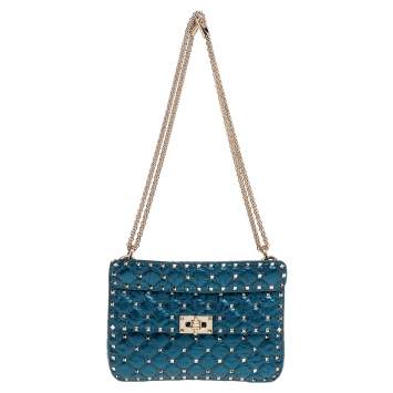 مملوكة مسبقًا Valentino Metallic Blue Leather Medium Rockstud Spike Top Handle Bag