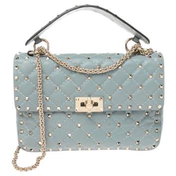 مملوكة مسبقًا Valentino Blue Leather Medium Rockstud Spike Top Handle Bag