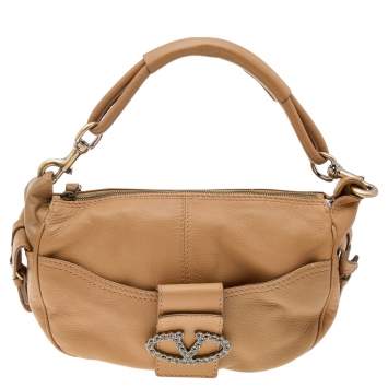 Pre Owned Valentino Brown Leather Crystal Embellished VLogo Hobo