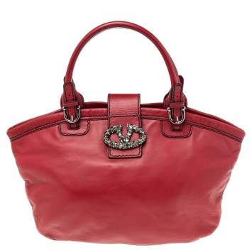 Pre Owned  Valentino Burgundy Leather Crystal Jeweled V-logo Satchel
