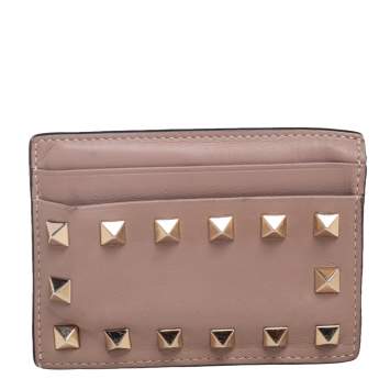 Pre Owned Valentino Dusty Pink Leather Rockstud Card Holder