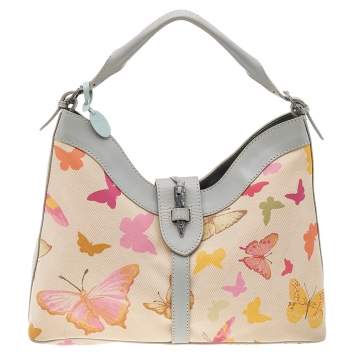 Pre Owned Valentino Multicolor Butterfly Print Canvas And Leather Hobo