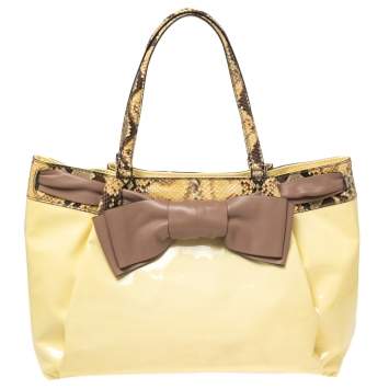 Pre Owned Valentino White/Brown Patent Leather and Python Large Aphrodite Bow Bag