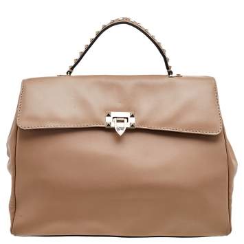 Pre Owned Valentino Beige Leather Large Rockstud Top Handle Bag