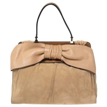 Pre Owned Valentino Beige/Brown Suede and Leather Aphrodite Bow Top Handle Bag