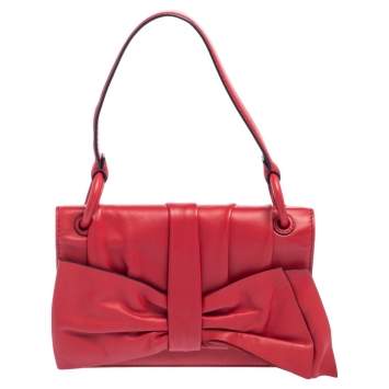 Pre Owned Valentino Red Leather Pleated Bow Flap Top Handle Bag