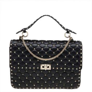 مملوكة مسبقًا Valentino Black Quilted Leather Large Rockstud Spike Top Handle Bag