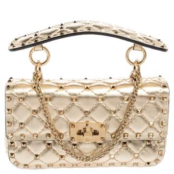 مملوكة مسبقًا Valentino Metallic Gold Quilted Leather Small Rockstud Spike Chain Top Handle Bag