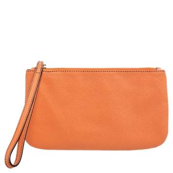 Pre Owned Valentino Carrot Orange Grained Leather Zip Wristlet Pouch