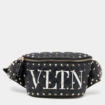 Pre Owned Valentino Black Leather VLTN Rockstud Belt Bag
