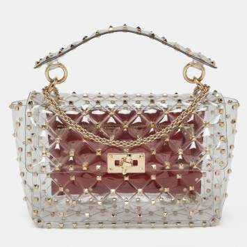 مملوكة مسبقًا  Valentino Clear/Red PVC Medium Rockstud Spike Top Handle Bag