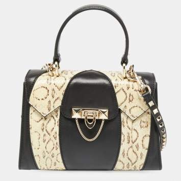 مملوكة مسبقًا Valentino Black/Beige Leather and Water Snakeskin Flap Top Handle Bag