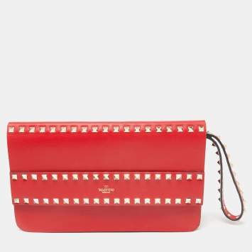 Pre Owned Valentino Red Leather Rockstud Wristlet Clutch
