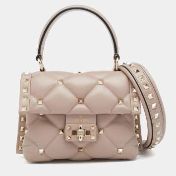 Pre Owned Valentino Beige Quilted Leather Mini Candystud Top Handle Bag